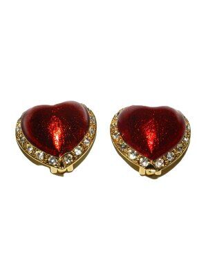 Vintage Victoria Secret Rhinestone & Red Enamel Heart Gold Tone Clip Earrings